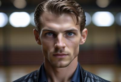 A striking portrait of a young man with piercing blue eyes, captured in a realistic photographic style. This close-up shot highlights the subject's intense gaze and sharp features, set against a softly blurred background.