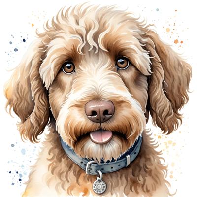 A beautifully illustrated watercolor portrait of a Labradoodle dog, showcasing intricate details and a playful expression. The artwork is creative and vibrant, ideal for dog lovers and art enthusiasts.