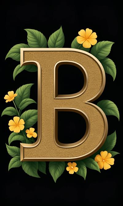 A decorative illustration of the letter 'B' in gold, adorned with lush green leaves and vibrant yellow flowers, showcasing a luxurious ornamental design.
