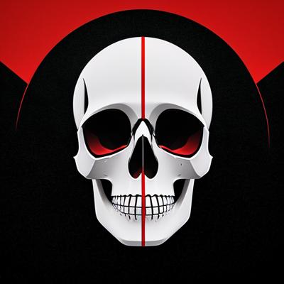A modern digital art piece featuring an abstract skull with sharp, contrasting red and black colors. This artistic representation blends dark tones with a minimalist style.