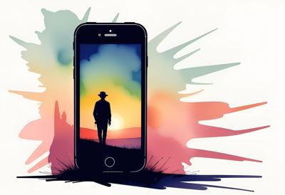 This image features a silhouette of a cowboy walking into the sunset, depicted within a smartphone screen. The art style is a blend of digital illustration and watercolor splashes, offering a captivating mix of modern technology and classic Western themes.