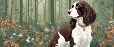 A digital illustration of a Springer Spaniel dog in a lush spring forest with blooming wildflowers. This artwork uses a vibrant, semi-realistic style to capture the beauty of nature and the charming demeanor of the dog.