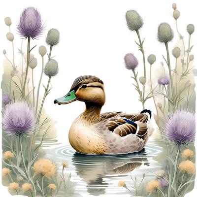 A beautifully illustrated duck swims in a serene pond surrounded by thistle flowers, showcasing digital art illustration technique.