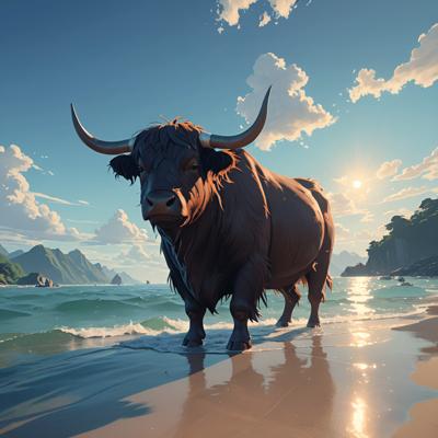 A majestic Highland cow stands on a serene beach at sunset, captured in a photorealistic digital painting style. The image beautifully contrasts the rugged animal with the tranquil seascape, highlighting the intricate details of both nature and the cow's fur.