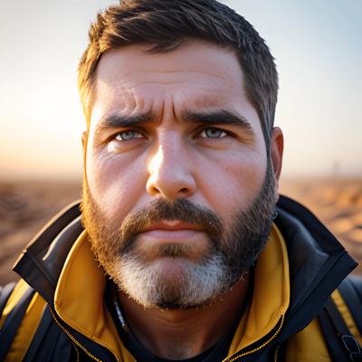 Close-up digital portrait of a bearded man with a thoughtful expression against a sunrise background, highlighting the detailed textures and warm tones.