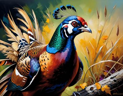 A vibrant digital painting of a colorful pheasant amidst a natural background, showcasing modern wildlife art. The detailed feathers and dynamic colors highlight detailed digital artistry.