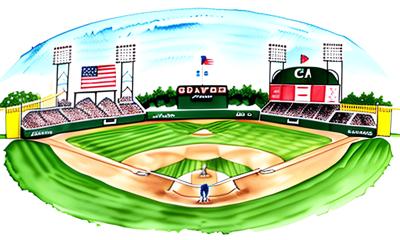 A colorful illustration of a lively baseball stadium with detailed bleachers, billboards, and a well-maintained field. The art style is cartoonish and vibrant, perfect for sports-related visuals.