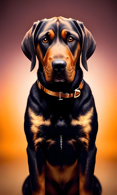 A digitally created, highly detailed portrait of a Rottweiler dog with a warm, glowing background. The image showcases the realism and intricacy of modern digital art techniques.