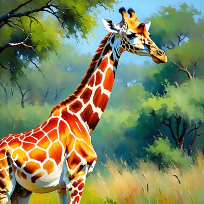 A realistic digital painting of a giraffe standing tall in its natural habitat. The vibrant colors and detailed art style bring the safari scene to life.