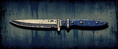 A detailed illustration of a vintage dagger with a weathered metallic blade and blue handle, set against a grunge textured background. The digital art style highlights the intricate details and depth of the weapon.