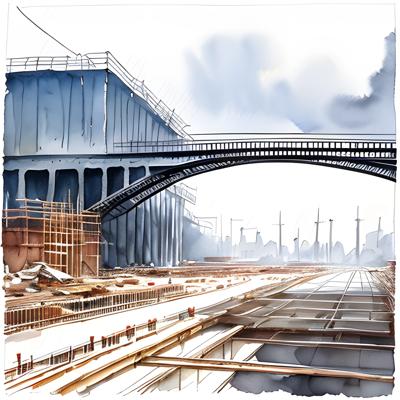 A detailed watercolor painting of an urban construction site featuring a bridge and industrial elements. This artwork highlights infrastructure development in a cityscape setting.