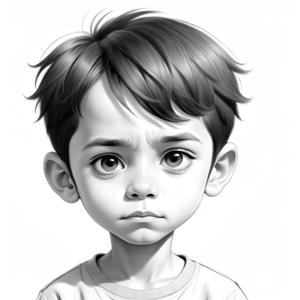 Black and white illustration of a young boy with expressive eyes, showcasing emotional depth and fine detail in digital art. The monochrome art style highlights the innocence and contemplative nature of the child.