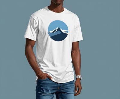 A fashionable man dressed in a white t-shirt with a mountain graphic design, posing against a minimalistic blue background. This digital illustration highlights modern streetwear and casual style.