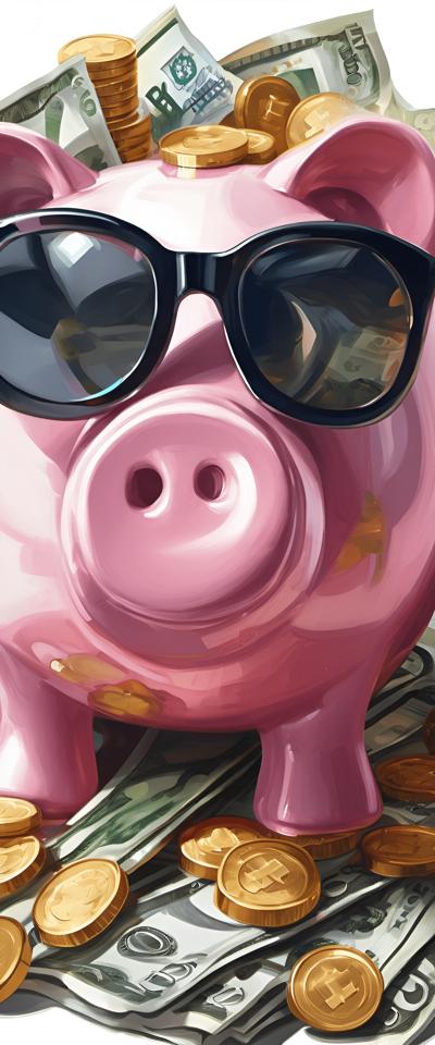 A stylish pink piggy bank wearing sunglasses, surrounded by cash and Bitcoin, blending traditional savings with modern digital currency trends. Digital illustration emphasizing financial prosperity and investment diversity.