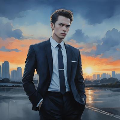 A digital painting depicting a confident man in a business suit standing against a backdrop of a city skyline at sunset. The artwork explores themes of ambition and professional life in a modern urban setting.