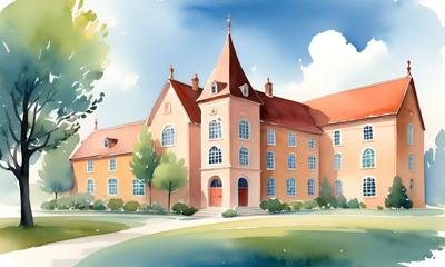 Charming watercolor painting of a picturesque school building with red roof, surrounded by lush greenery. Showcases the beauty of classical architecture in a serene landscape setting.