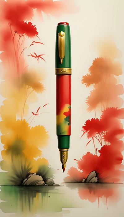 A colorful fountain pen depicted in a vibrant, watercolor art style. The pen is surrounded by abstract foliage, blending nature with creativity.