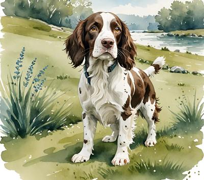 A watercolor painting of a Springer Spaniel standing beside a serene lakeside. The image captures a natural outdoor scene with vibrant green scenery.