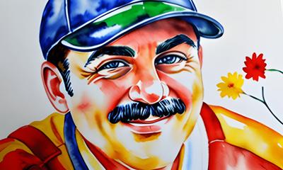A vibrant and colorful watercolor portrait of a smiling man wearing a cap. The artwork features bold strokes and bright splashes of color, accentuating the cheerful expression.