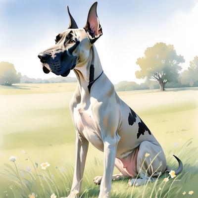 A digital painting of a majestic Great Dane sitting in a sunlit meadow with trees in the background, capturing the beauty and serenity of nature.