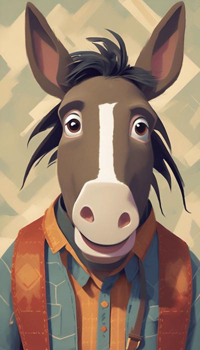 A whimsical and vibrant portrait of an anthropomorphic donkey in a casual outfit, painted in a contemporary digital art style.