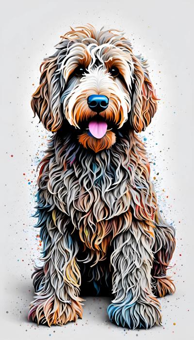A vibrant illustration featuring a colorful, curly-haired dog in a modern, abstract art style. The artwork showcases intricate details and a lively palette, making it a captivating piece of digital art.