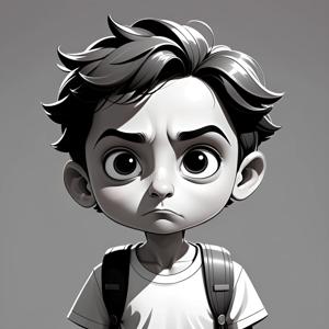 A detailed grayscale cartoon illustration featuring a young boy with a serious expression, wearing a t-shirt and backpack, demonstrating remarkable attention to facial detail and emotion in the digital art style.