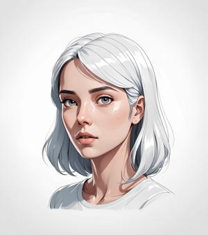 A stunning digital illustration of a young woman with short white hair and fair skin, showcasing detailed and realistic art style. The artwork captures her subtle expression and delicate features against a minimalist background.