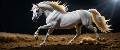 A stunning digital rendering of a majestic white horse in mid-gallop, captured with exquisite detail and highlighting the animal's grace and strength against a dark background. This high-resolution artwork exemplifies fine art digital illustration techniques.