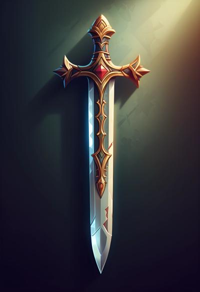 A digital illustration of an ornate fantasy sword, showcasing intricate gold accents, sharp blade, and shadow effects in a 3D art style. Ideal for game art, medieval themed designs, and fantasy artwork.