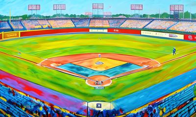 A colorful and vivid painting of a baseball stadium, showcasing a bright and dynamic art style. The artwork captures the energetic atmosphere of America's favorite pastime with vibrant hues and detailed brushstrokes.