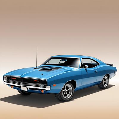 An illustration of a vintage blue muscle car from the 1970s. The digital art showcases detailed and realistic features, emphasizing the car's sleek design and powerful build.