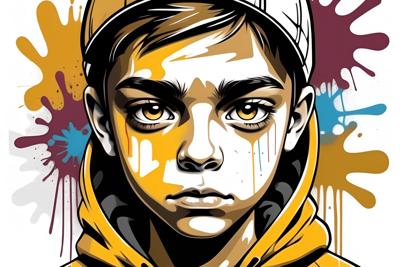 A vibrant digital illustration of a young boy in a hoodie, set against a background of colorful paint splatters, showcasing modern street art style.