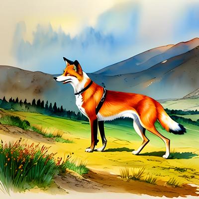 A beautiful digital painting of a red fox standing in a vibrant mountainous landscape. The art captures the serene nature and the fox's striking fur against a backdrop of rolling hills and colorful sky.