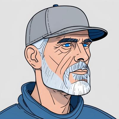 This digital illustration features a detailed portrait of an elderly man dressed in a cap and casual outfit. The art showcases a modern, clean vector art style with sharp lines and vibrant colors.