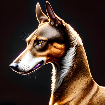 A stunning digital painting showcasing a side profile of a dog with beautifully detailed fur and lifelike features, set against a dark background. The art style is hyper-realistic, capturing the essence and character of the canine subject.
