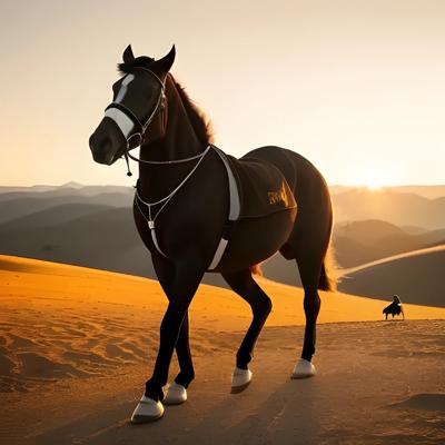 A stunning photograph of a majestic horse standing in the desert at sunset, showcasing the beauty of nature and equine grace. The blending of natural light and shadows creates a breathtaking sandscape.