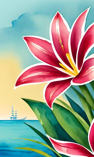A vibrant watercolor painting depicting a red tropical flower in the foreground against a serene ocean backdrop with a sailing ship in the distance.
