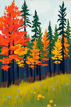 Illustrated Landscape with Vibrant Trees - Free Download - AI Scribbles
