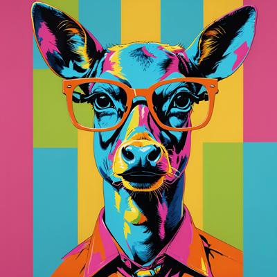 A vibrant pop art style illustration featuring a colorful deer wearing oversized glasses against a geometric background. This digital artwork showcases modern and trendy animal portraiture.