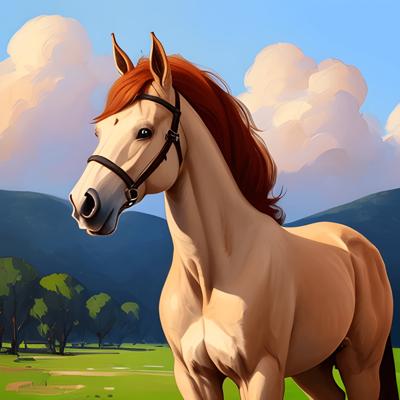 A digitally illustrated majestic horse with a vibrant background of hills and clouds. The art style emphasizes bold colors and dynamic lines, capturing the beauty and grace of the animal.
