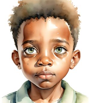 A beautifully detailed watercolor portrait of a young boy with striking green eyes. The painting captures the essence of childhood with vivid realism and delicate brushwork.