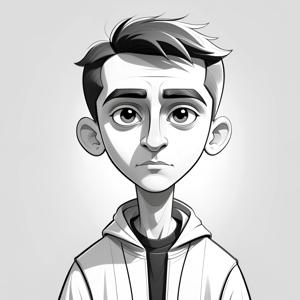 A monochrome cartoon portrait of a young person with a solemn expression, created in a digital art style. This image highlights detailed line work and shading techniques.