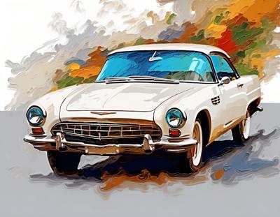 A vibrant, digital painting of a vintage classic car with a colorful abstract background. The art style merges realism with impressionistic brush strokes.