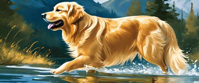 A vibrant digital painting of a Golden Retriever joyfully splashing through a serene stream surrounded by lush greenery and mountains.