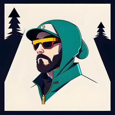 A modern digital illustration of a bearded man wearing a hoodie, sunglasses, and a cap, rendered in a flat art style with bold, clean lines.