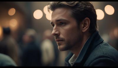 A reflective portrait depicting a young man lost in thought, captured in a cinematic, soft-focus style with moody lighting and shallow depth of field.