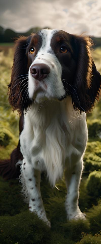 A realistic portrait of a Springer Spaniel standing in a lush, green field, showcasing its detailed fur and expressive eyes. The image captures the essence of nature and the outdoors, highlighting the dog’s attentive posture.