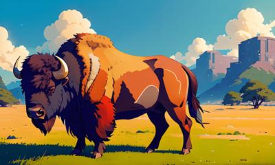 A digitally painted image of a majestic bison standing in a vibrant grassy plain with distant buildings and mountains in the background. The art style blends realism with cartoon elements, creating an engaging and colorful scene.