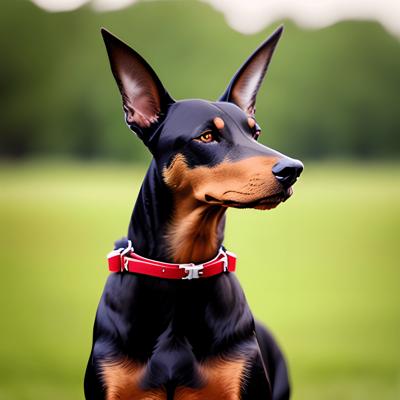 A digitally rendered image of a majestic Doberman wearing a red collar, standing in a vibrant green field. The art style captures the dog’s sleek form and alert expression.